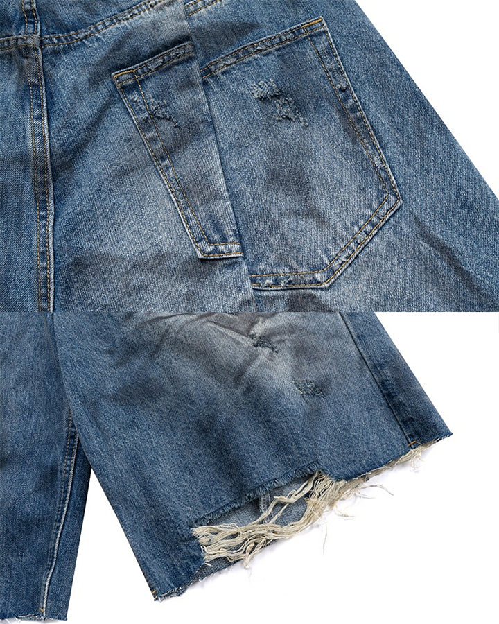 Distressed Crinkled Irregular Knee-Length Denim Shorts - Image 12