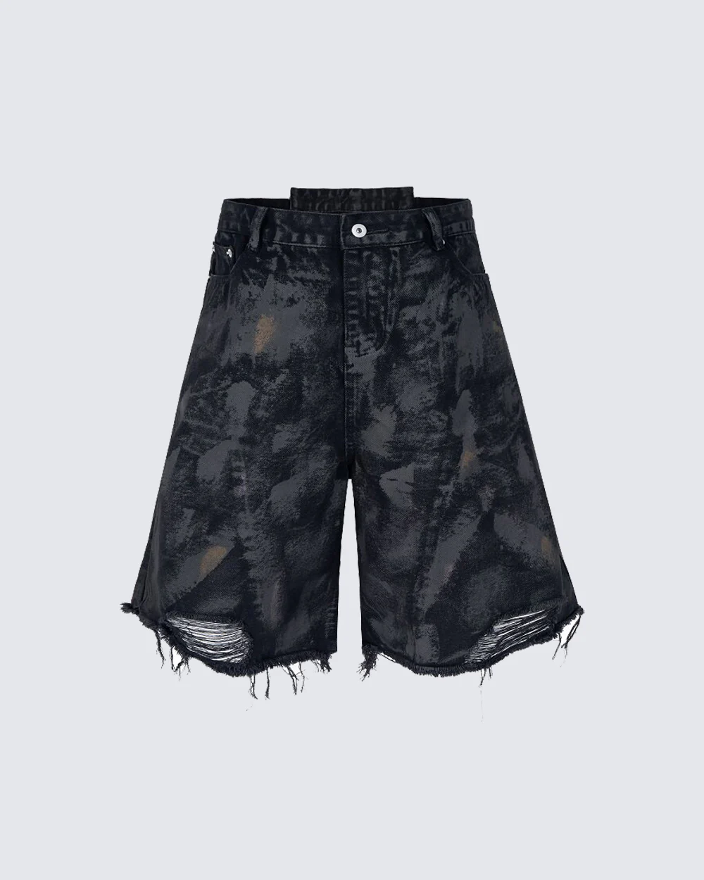Distressed Crinkled Irregular Knee-Length Denim Shorts - Image 3