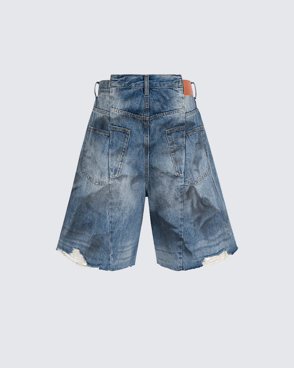 Distressed Crinkled Irregular Knee-Length Denim Shorts - Image 6