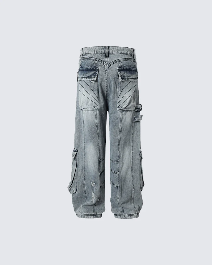 Distressed Denim Cargo Pants - Bold and Trendy - Image 2