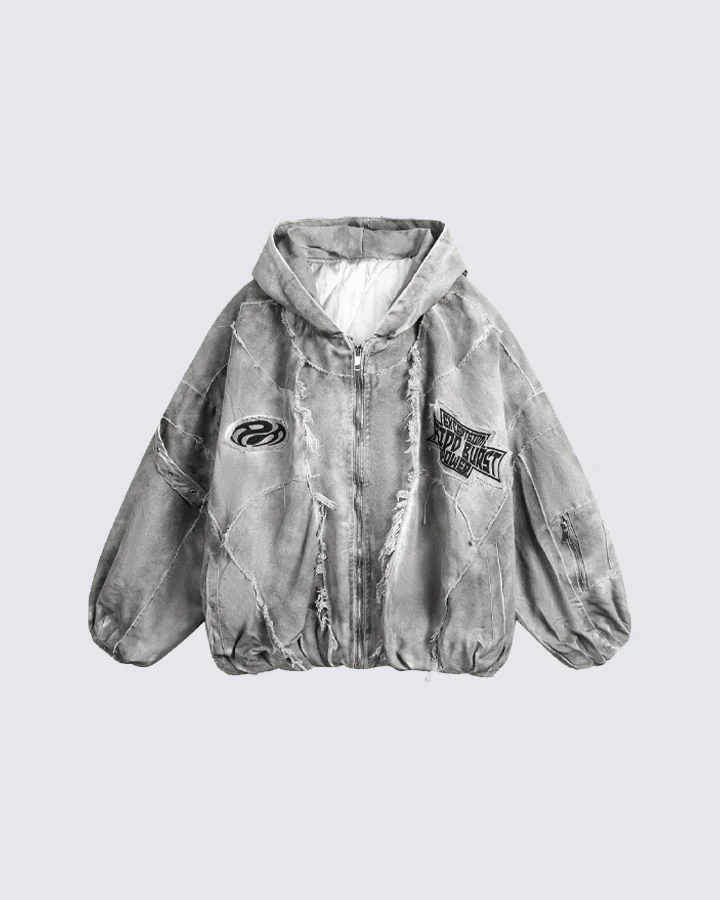 Distressed Embroidered Padded Hooded Jacket - Image 11
