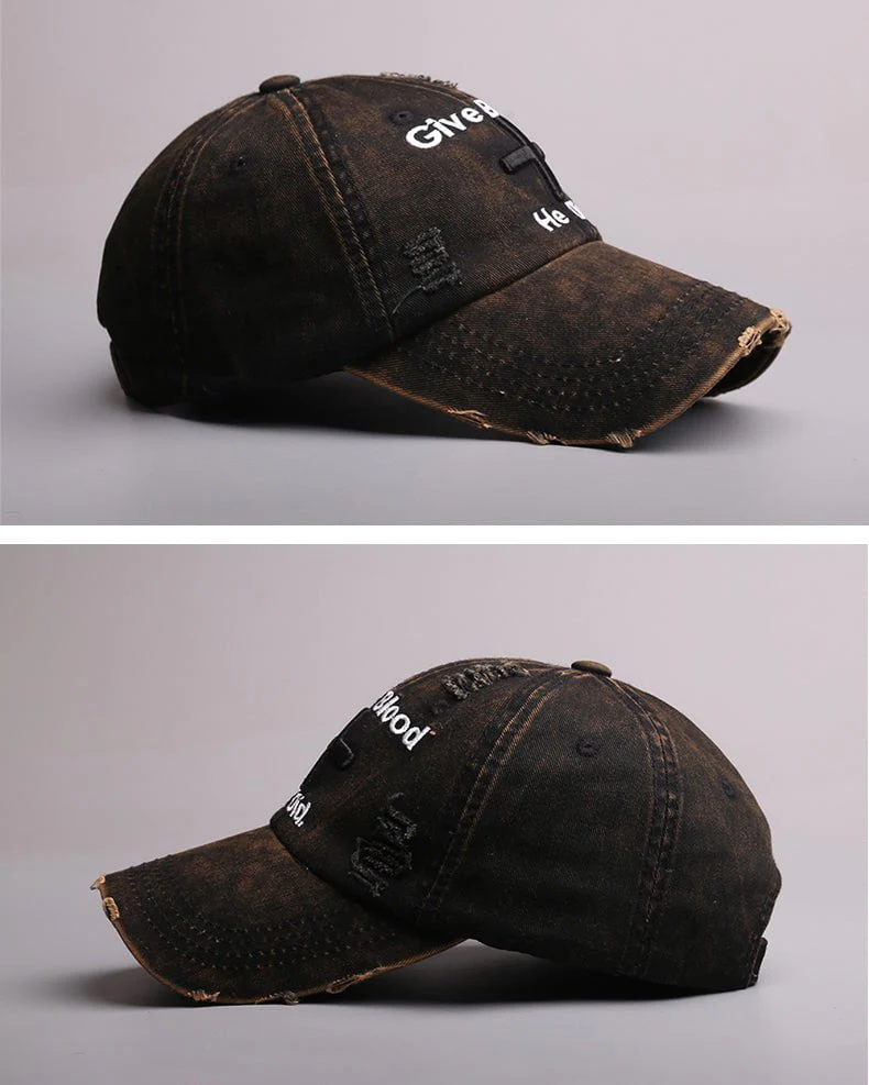 Distressed 'Give Blood He Did' Baseball Cap with Cross Design – Streetwear Style - Image 10