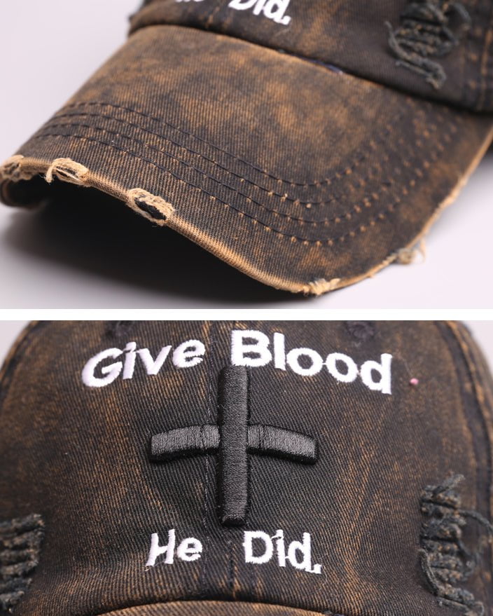 Distressed 'Give Blood He Did' Baseball Cap with Cross Design – Streetwear Style - Image 12