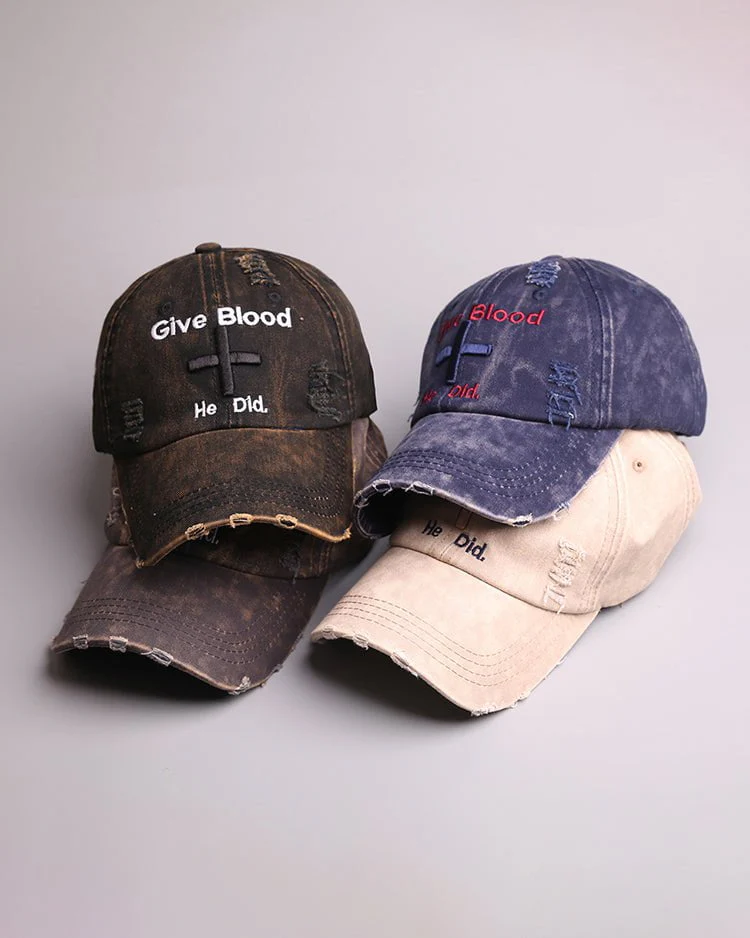 Distressed 'Give Blood He Did' Baseball Cap with Cross Design – Streetwear Style - Image 3