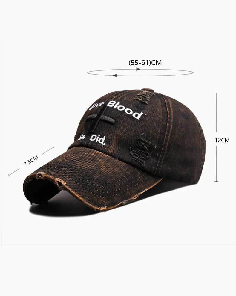 Distressed 'Give Blood He Did' Baseball Cap with Cross Design – Streetwear Style - Image 4