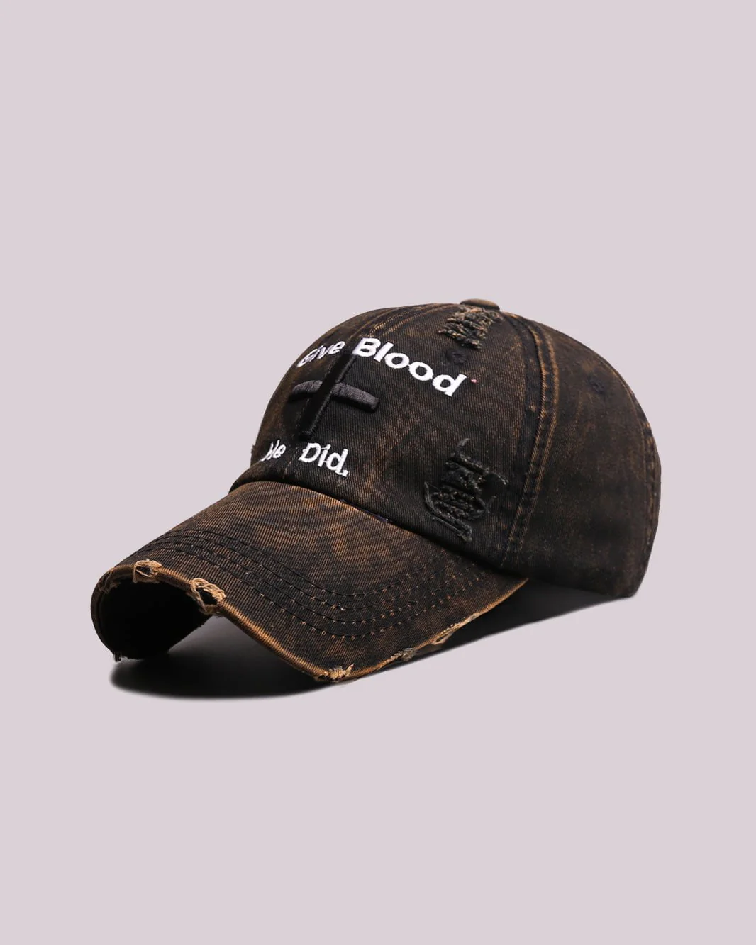 Distressed 'Give Blood He Did' Baseball Cap with Cross Design – Streetwear Style - Image 6