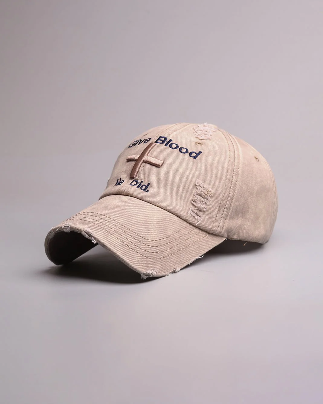 Distressed 'Give Blood He Did' Baseball Cap with Cross Design – Streetwear Style - Image 7