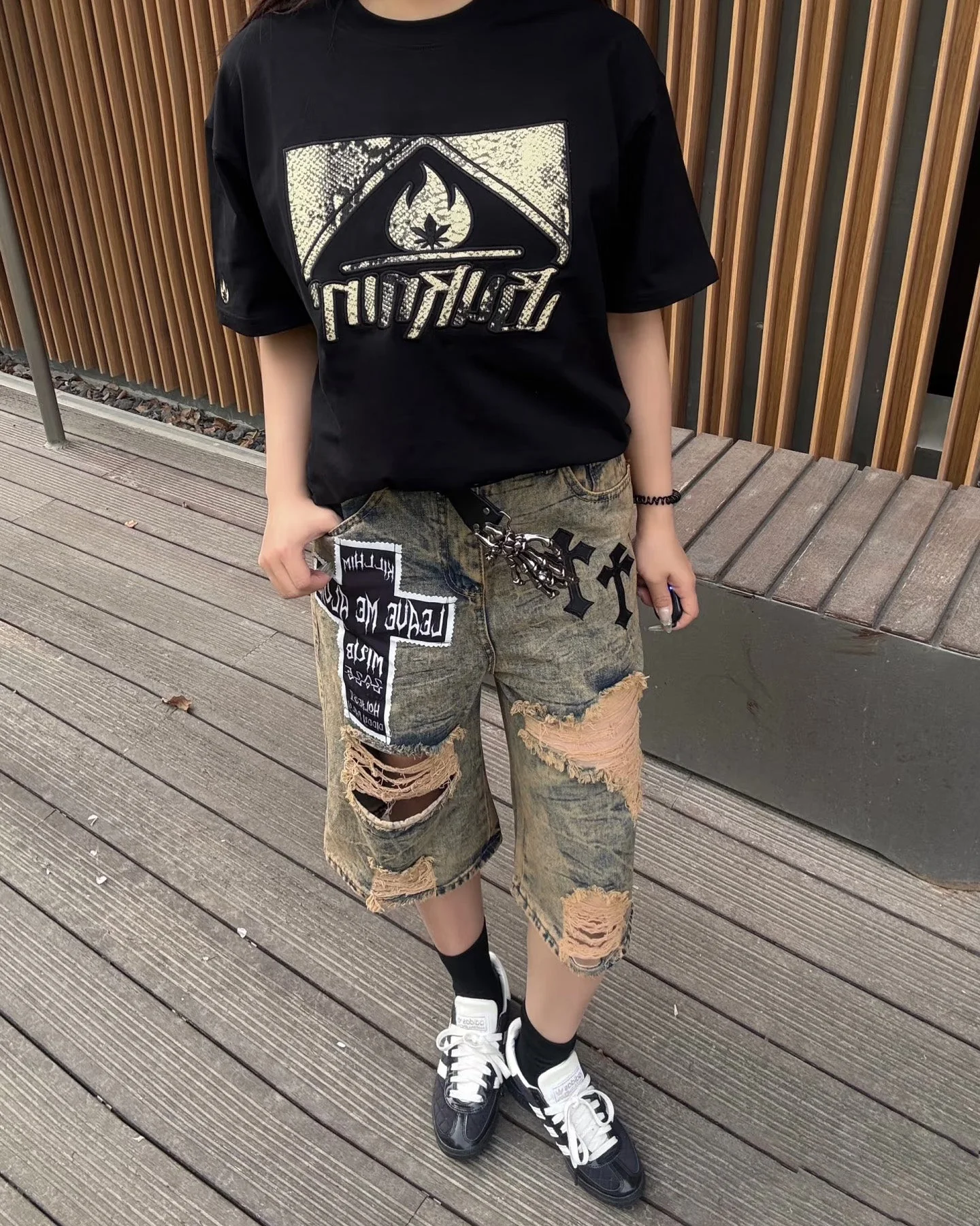 Distressed Gothic Patchwork Denim Shorts with Chains - Image 2