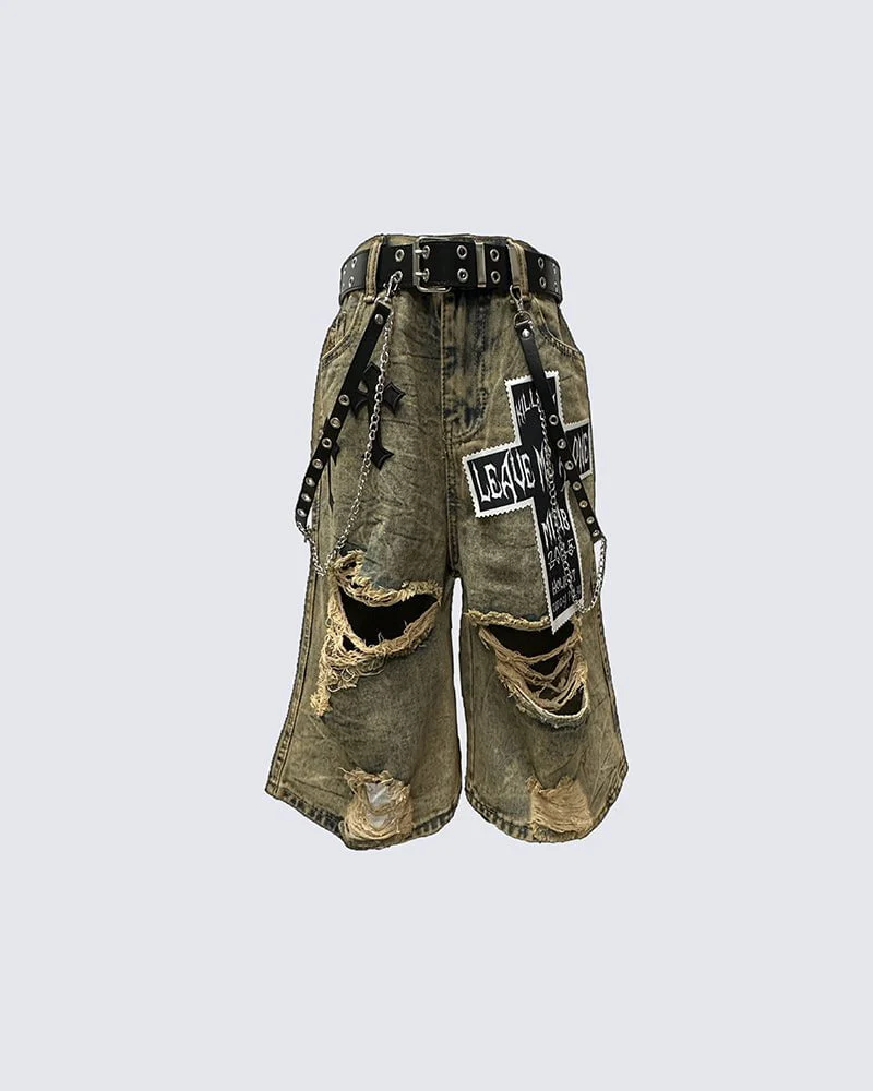 Distressed Gothic Patchwork Denim Shorts with Chains - Image 3