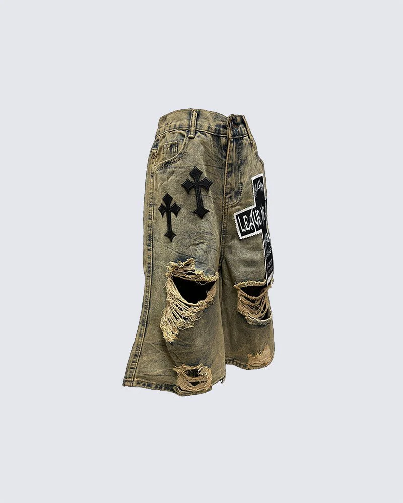 Distressed Gothic Patchwork Denim Shorts with Chains - Image 4
