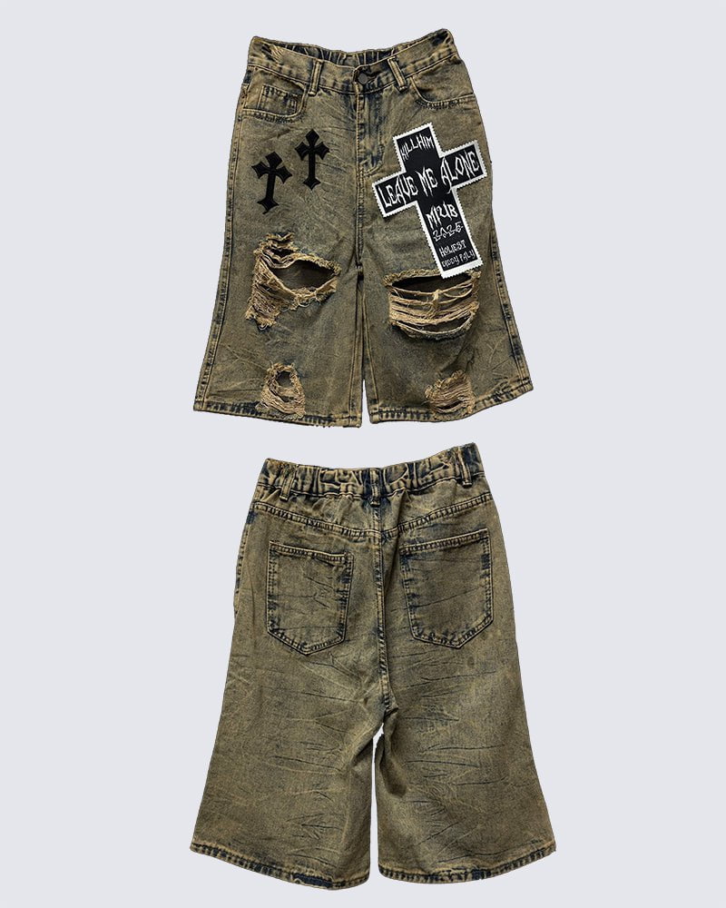Distressed Gothic Patchwork Denim Shorts with Chains - Image 5