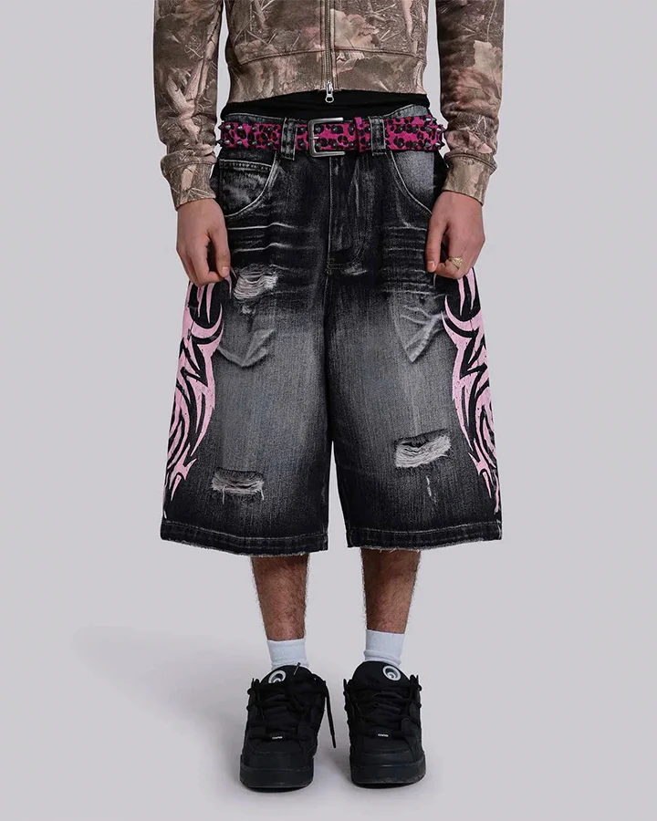 Distressed New Tribal Print Denim Shorts - Image 2