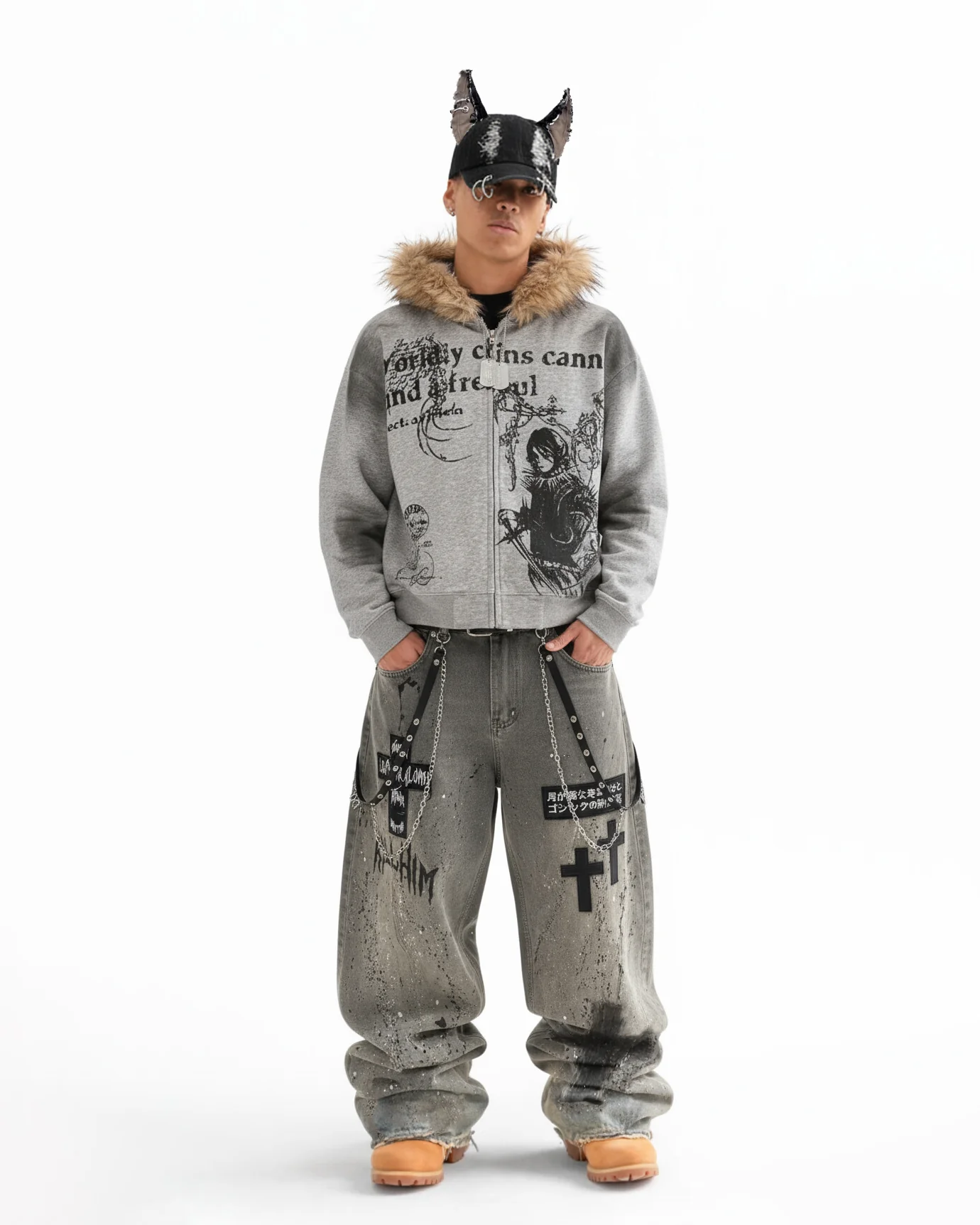 Distressed Paint-Splatter Patchwork Wide Jeans - Image 2