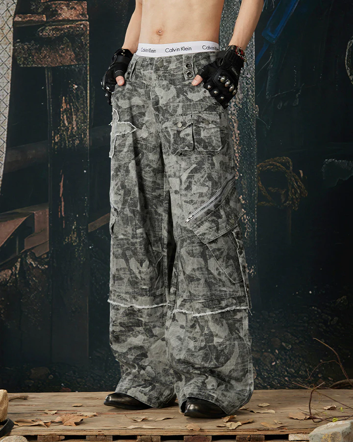 Distressed Tie-Dye Camo Cargo Denim Pants - Image 2