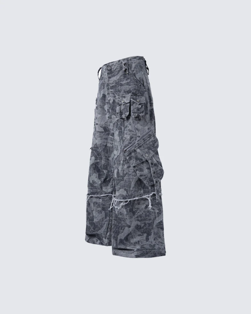 Distressed Tie-Dye Camo Cargo Denim Pants - Image 3