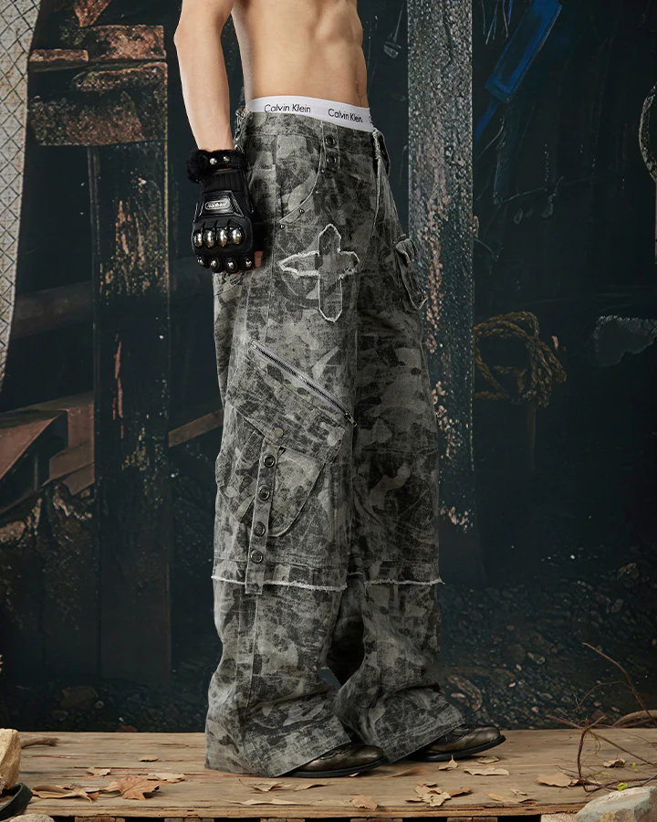 Distressed Tie-Dye Camo Cargo Denim Pants - Image 4