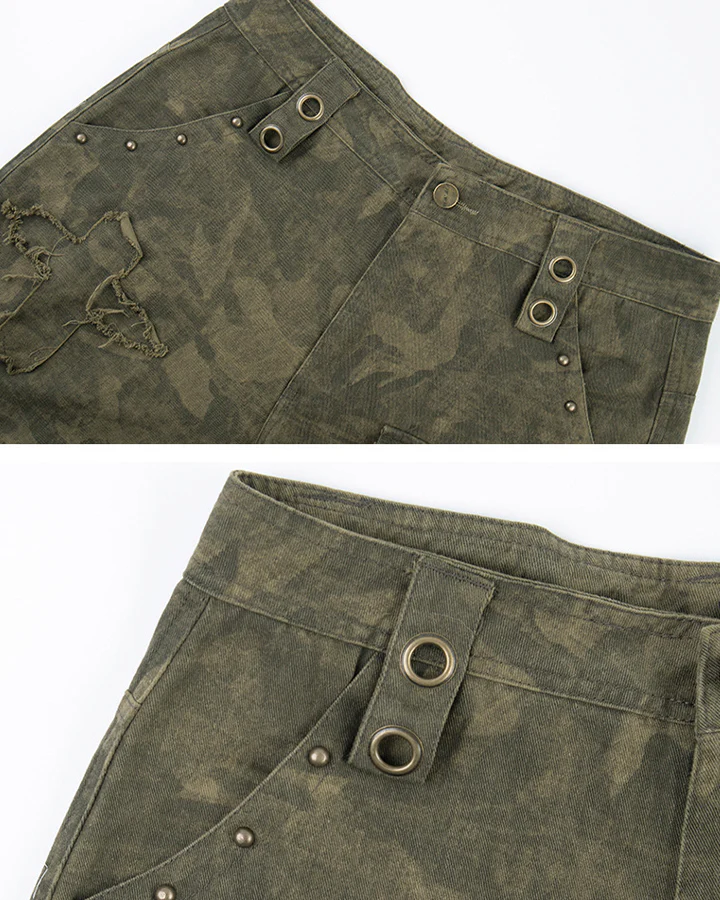 Distressed Tie-Dye Camo Cargo Denim Pants - Image 9