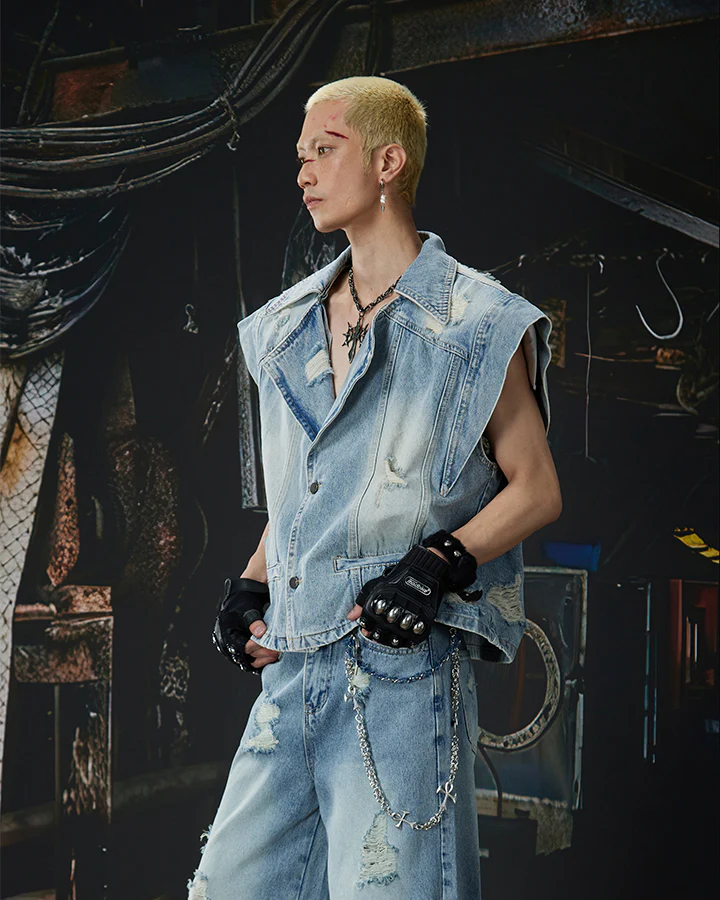 Distressed Washed Denim Vest Jacket - Image 2