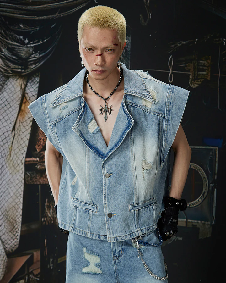 Distressed Washed Denim Vest Jacket - Image 3