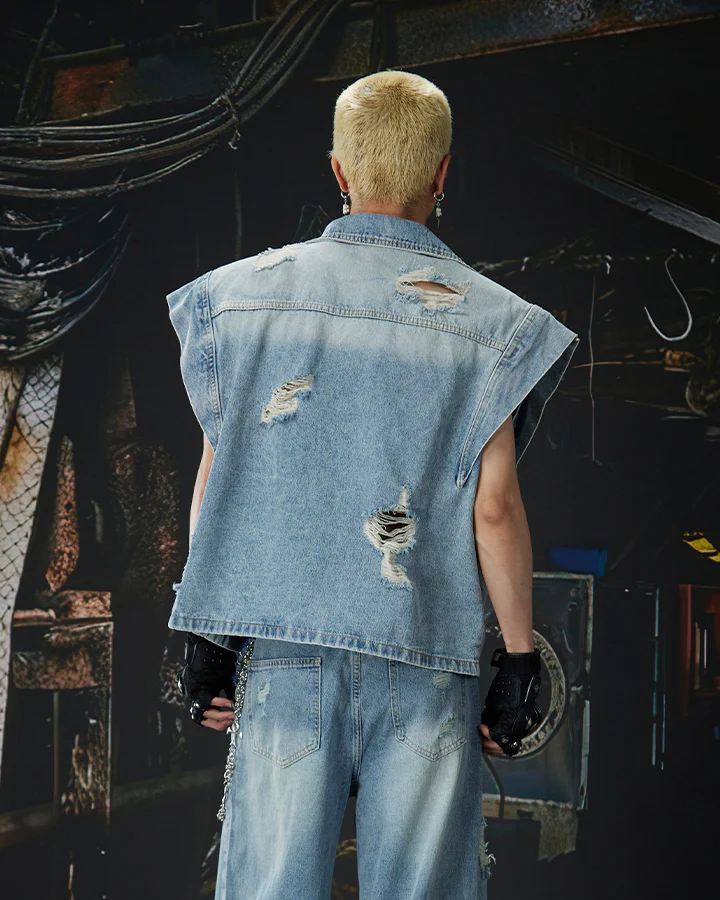Distressed Washed Denim Vest Jacket - Image 4