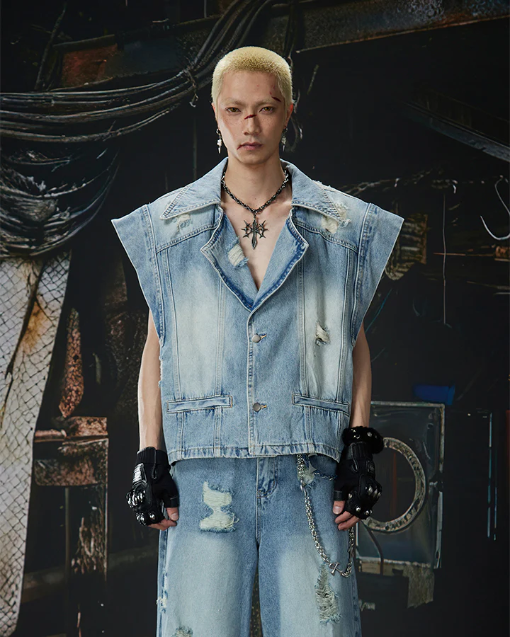 Distressed Washed Denim Vest Jacket - Image 5