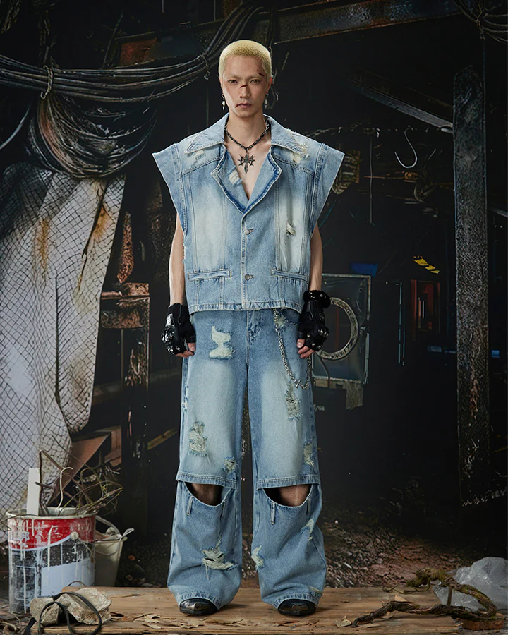 Distressed Washed Denim Vest Jacket - Image 6