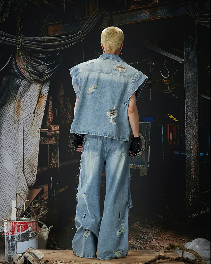 Distressed Washed Denim Vest Jacket - Image 7