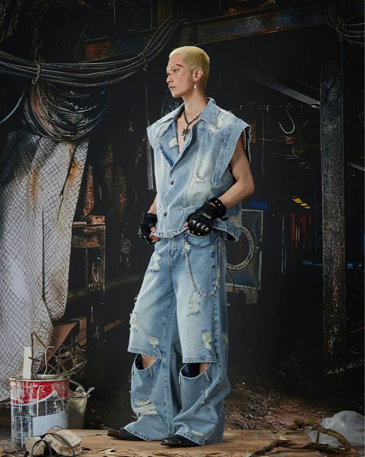 Distressed Washed Denim Vest Jacket - Image 8
