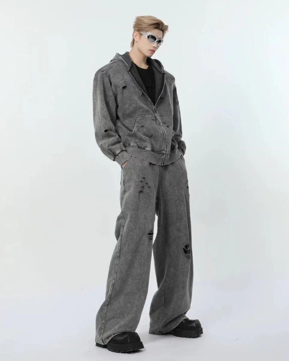 Distressed Washed Wide-Leg Sweatpants - Image 3