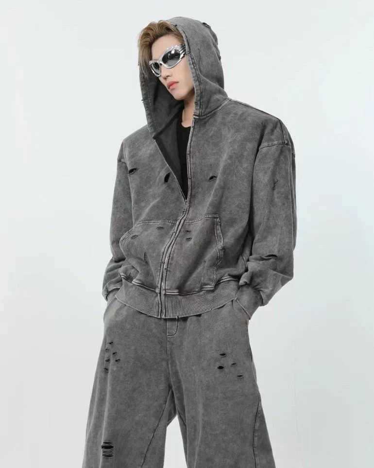 Distressed Washed Zip-Up Hoodie - Image 2