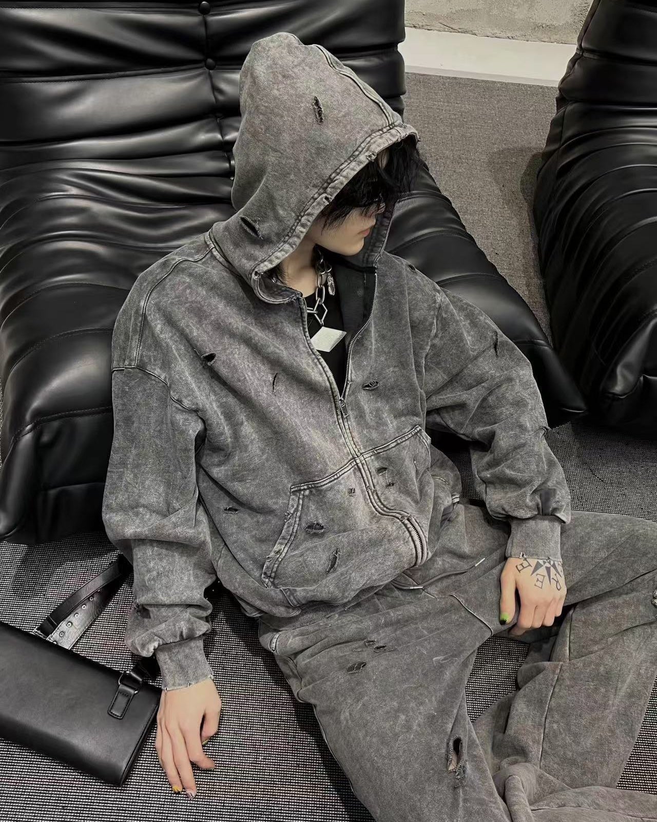 Distressed Washed Zip-Up Hoodie - Image 5