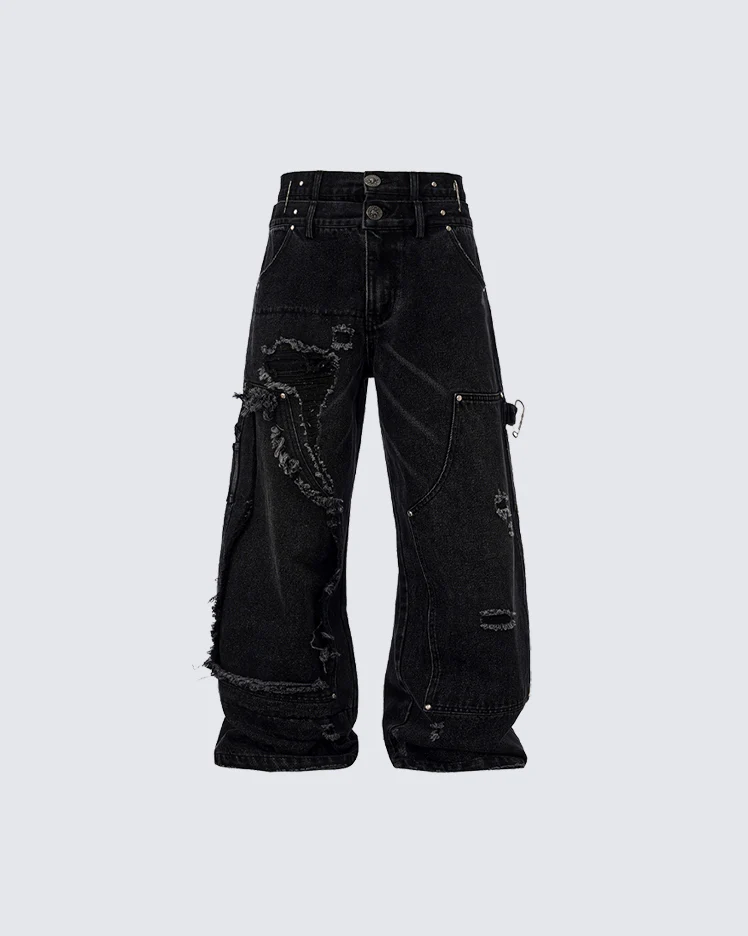Double-Waist Heavy Patchwork Denim Pants