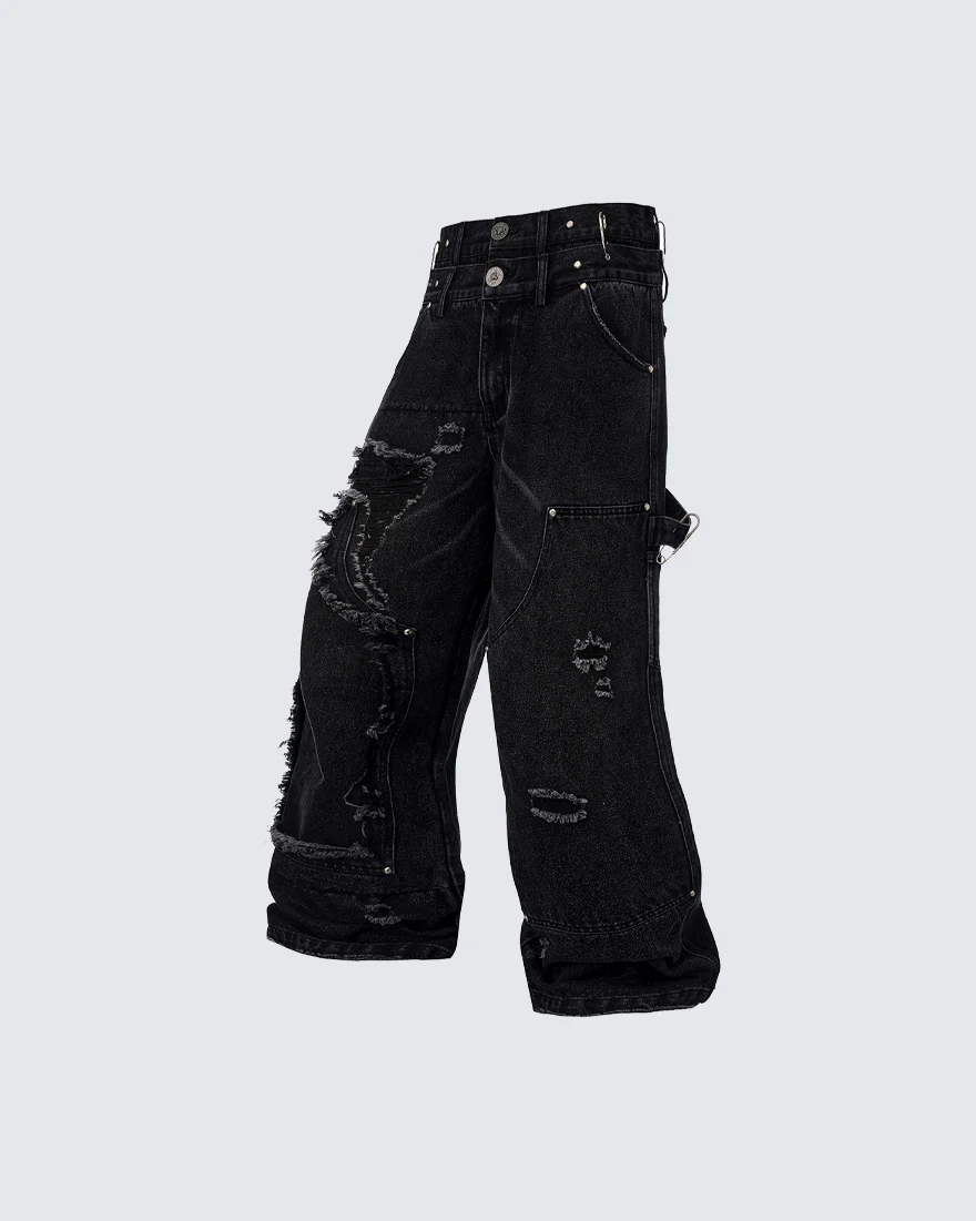 Double-Waist Heavy Patchwork Denim Pants - Image 2