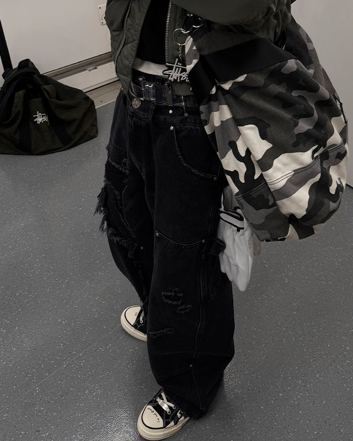Double-Waist Heavy Patchwork Denim Pants - Image 3