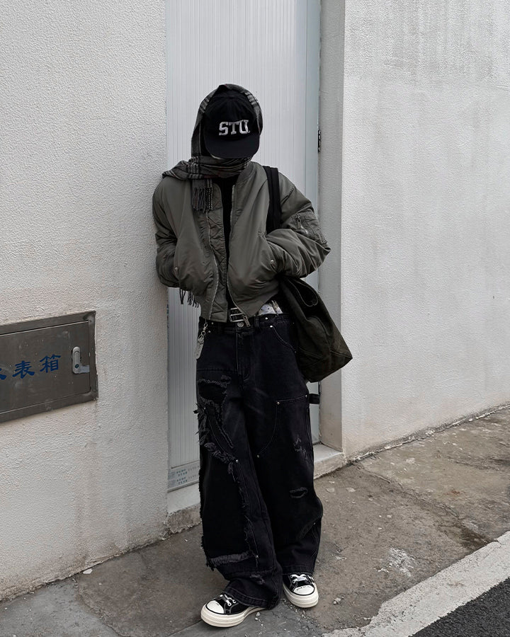 Double-Waist Heavy Patchwork Denim Pants - Image 4