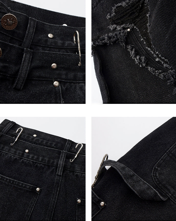 Double-Waist Heavy Patchwork Denim Pants - Image 9