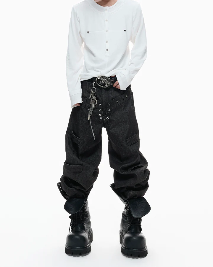 Double Waist Sagging Heavy Denim Pants - Image 6