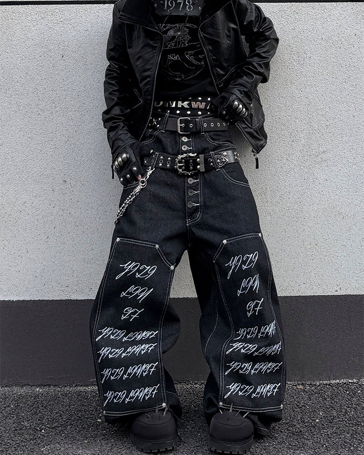 Double Waist Script Denim Pants - Image 2