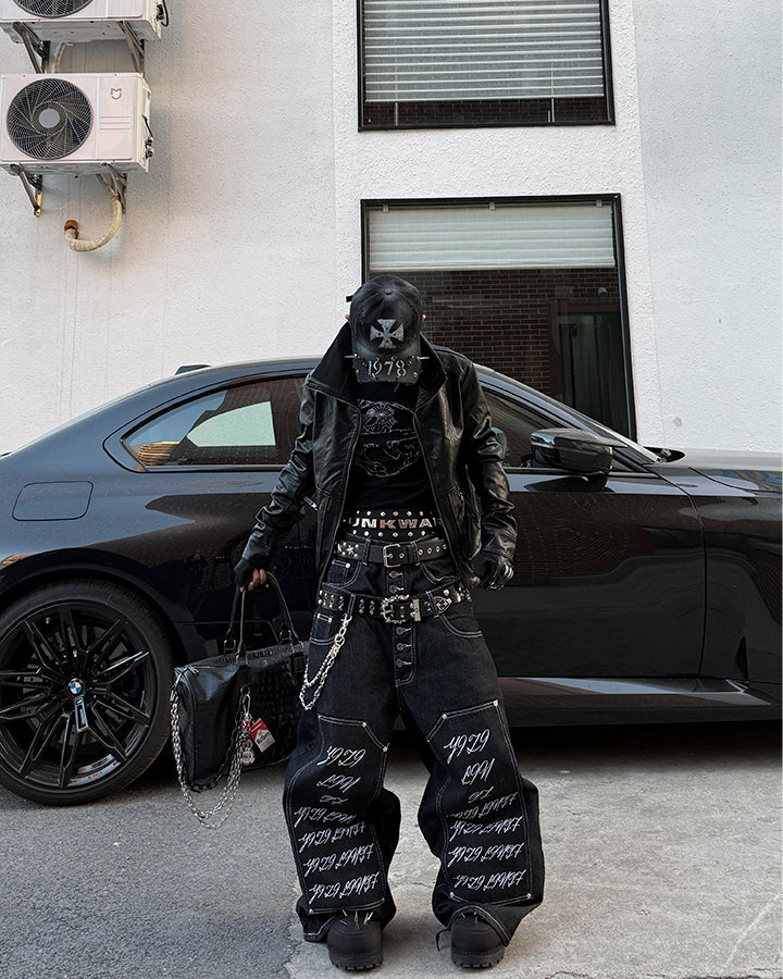 Double Waist Script Denim Pants - Image 7
