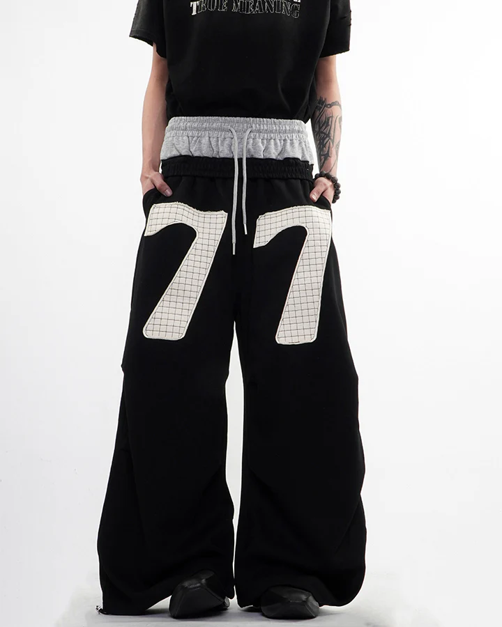 Double Waistband Number Patch Wide Leg Sweatpants - Image 2