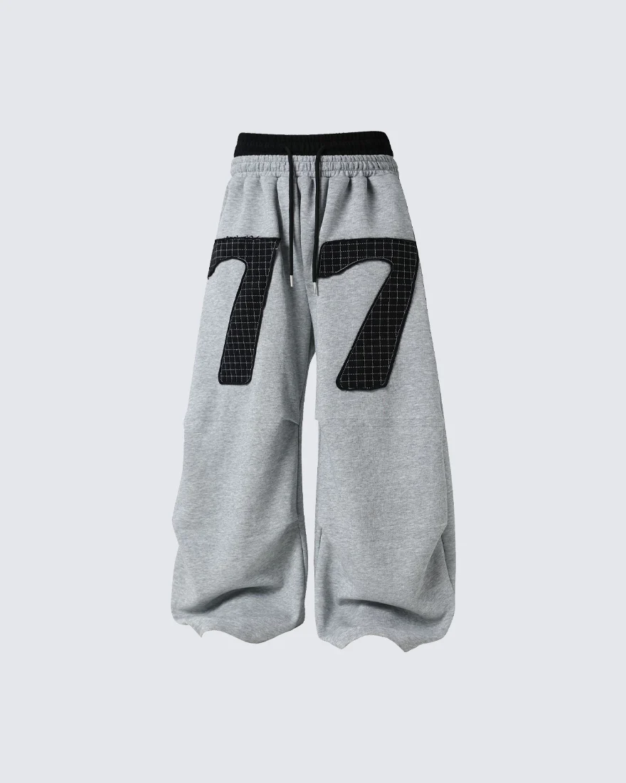 Double Waistband Number Patch Wide Leg Sweatpants - Image 3