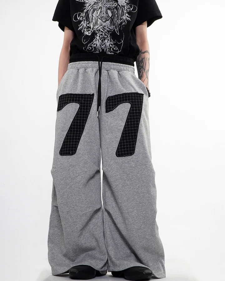 Double Waistband Number Patch Wide Leg Sweatpants - Image 4