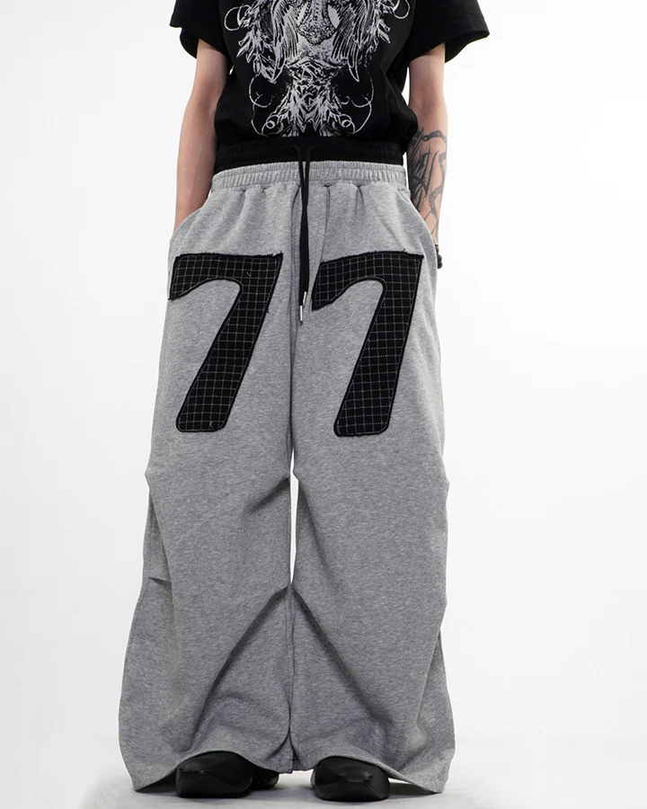 Double Waistband Number Patch Wide Leg Sweatpants - Image 6
