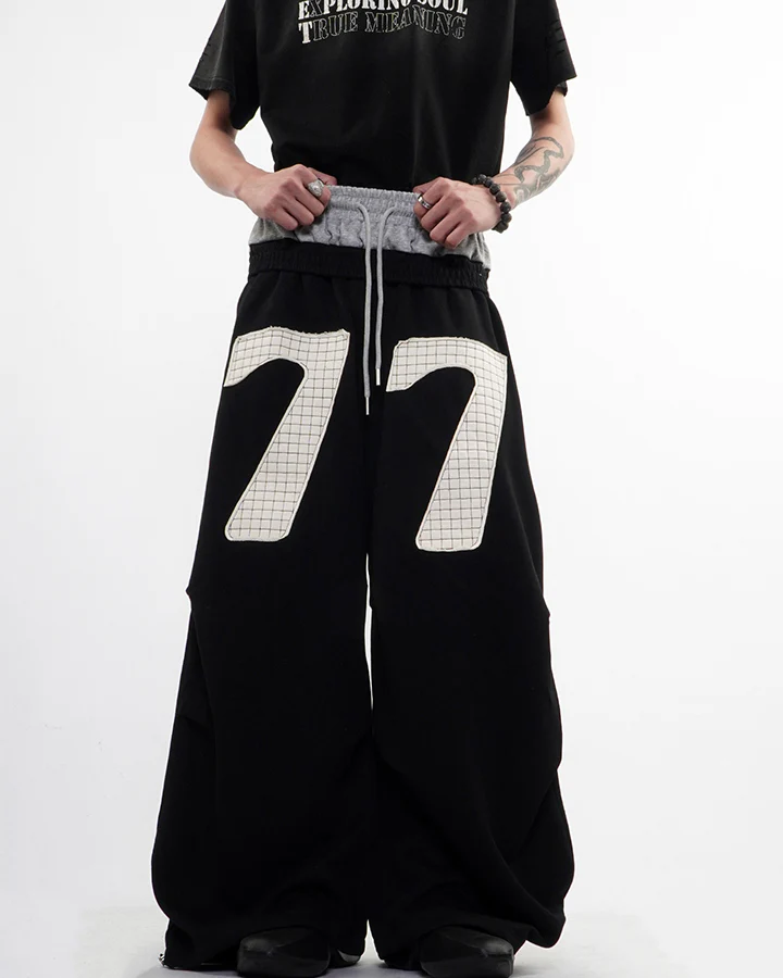 Double Waistband Number Patch Wide Leg Sweatpants - Image 8