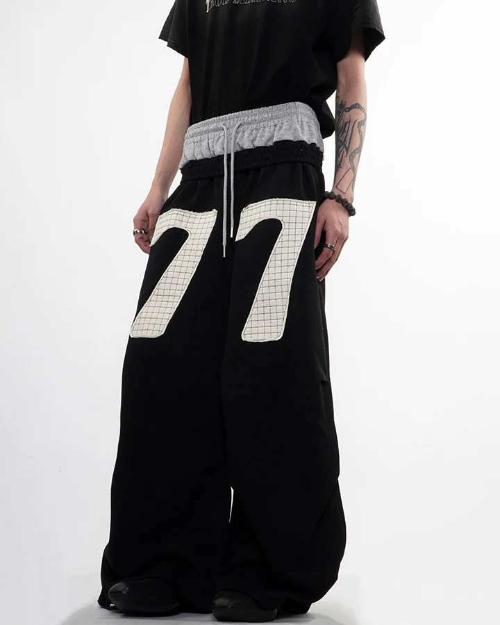 Double Waistband Number Patch Wide Leg Sweatpants - Image 9