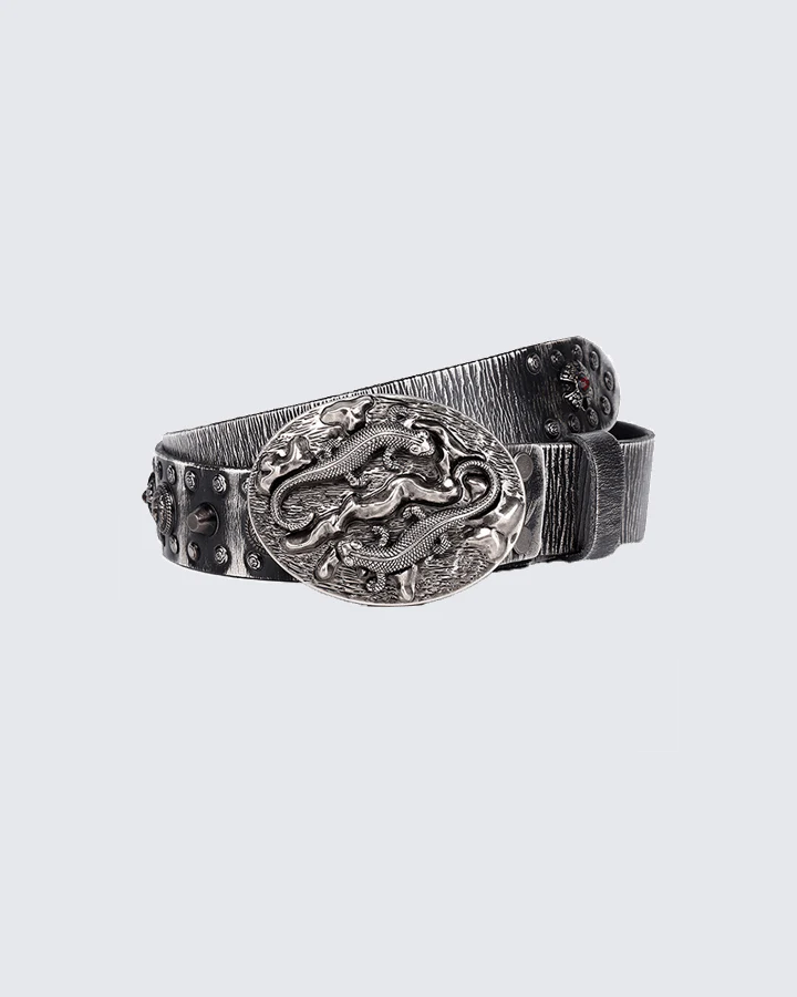 Embossed Dragon Buckle Studded Leather Belt