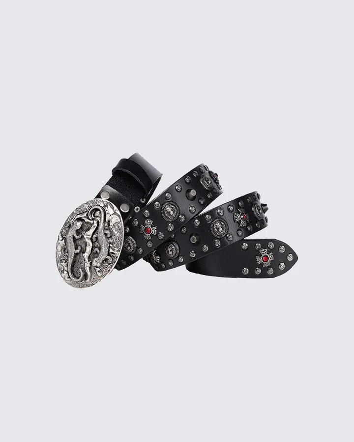 Embossed Dragon Buckle Studded Leather Belt - Image 2