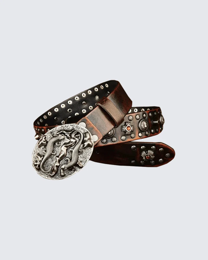 Embossed Dragon Buckle Studded Leather Belt - Image 3