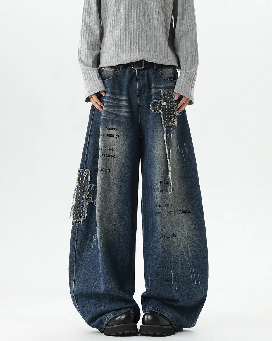 European-American Retro Studded Wide Jeans - Image 2