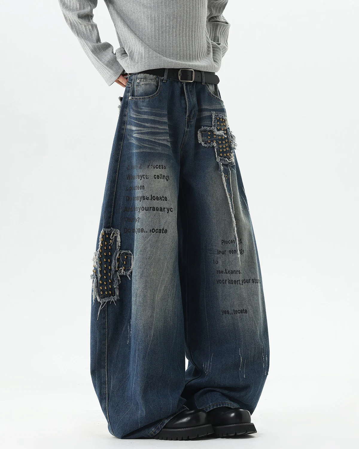 European-American Retro Studded Wide Jeans - Image 3